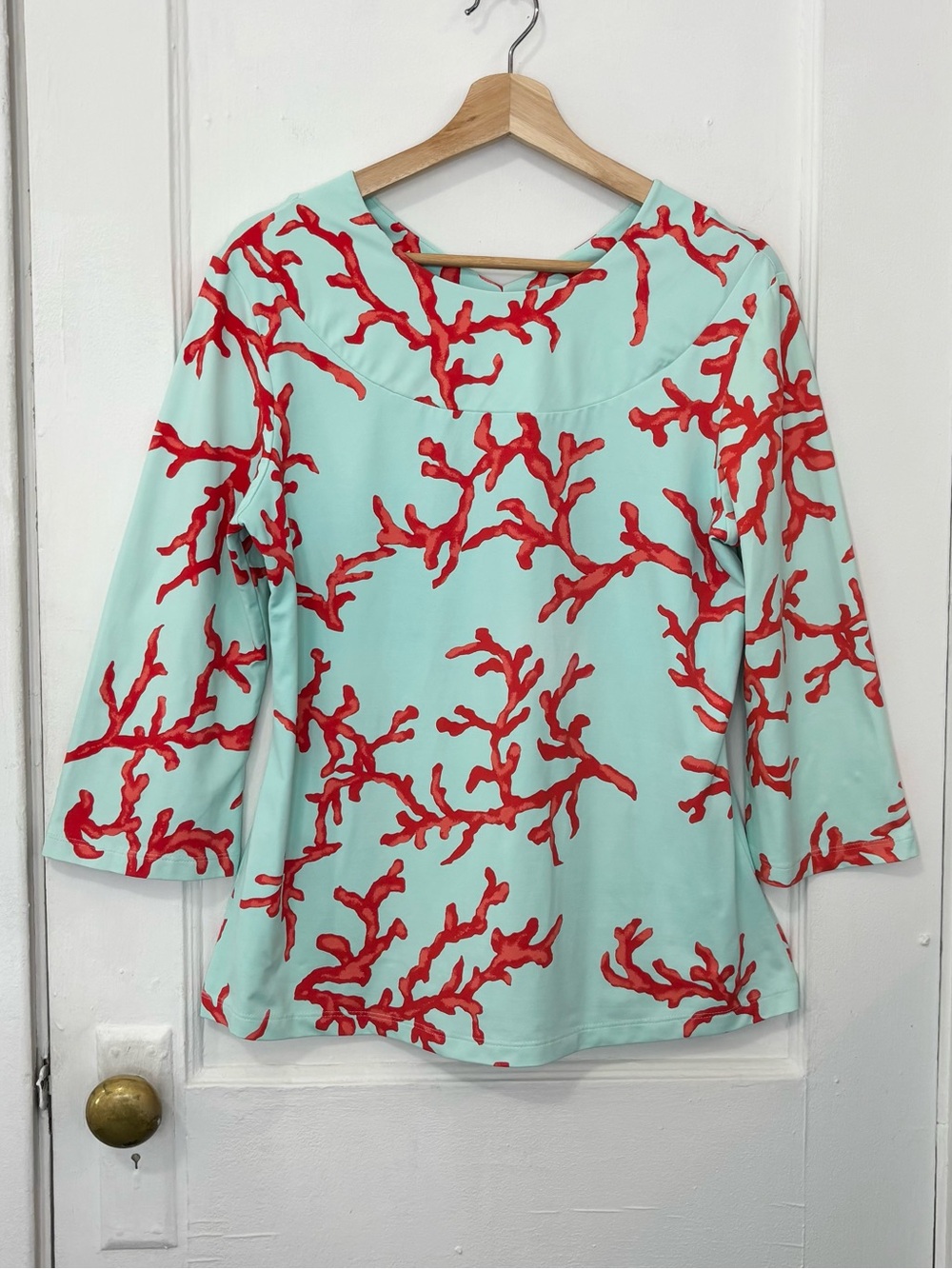 J.McLaughlin Women Mint Green Coral Print Catalina Cloth 3/4 Sleeve Top, Size M